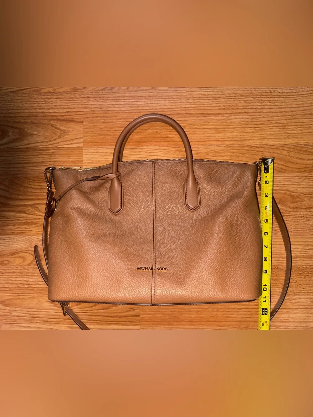 Gorgeous Michael Kors Cognac pebbled Leather Satchel with Gold Charm